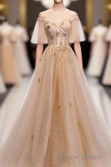 Champagne Round Neck Tulle Lace Long Prom Dresses, Formal Dresses