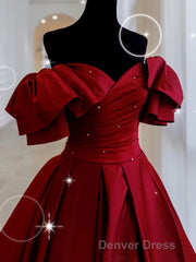 Simple Burgundy Satin Long Prom Dresses, Burgundy Long Evening Dresses
