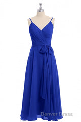 Royal Blue V-Neck Spaghetti Straps Tea-Length Bridesmaid Dresses