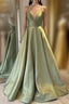 Green Simple A Line Satin Spaghetti Straps Long Prom Dresses
