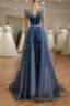 Gray Blue Tulle Beads Long Prom Dresses, Blue Tulle Formal Dresses