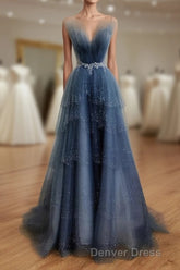 Gray Blue Tulle Beads Long Prom Dresses, Blue Tulle Formal Dresses