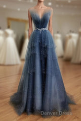 Gray Blue Tulle Beads Long Prom Dresses, Blue Tulle Formal Dresses