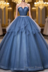 Blue Sweetheart Neck Tulle Long Prom Dresses, Blue Evening Dresses