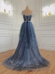 Gray Blue Tulle Beads Long Prom Dresses, Blue Tulle Formal Dresses