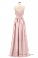 Dusty Pink Spaghetti Straps Banded Waist Long Bridesmaid Dresses