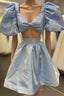 Light Blue Two Piece Puff Sleeves A Line Homecoming Dresses
