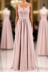 Dusty Pink Spaghetti Straps Banded Waist Long Bridesmaid Dresses
