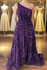 Purple Sequin One-Shoulder Backless A-Line Long Prom Dresses
