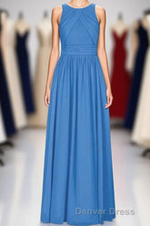 Brami Blue Chiffon Sleeveless Long Bridesmaid Dresses