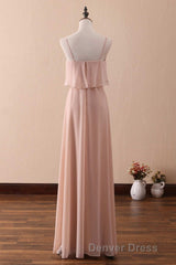 Blush Pink Spaghetti Strap Ruffled Long Bridesmaid Dresses
