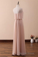 Blush Pink Spaghetti Strap Ruffled Long Bridesmaid Dresses