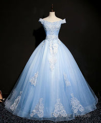 Blue Tulle Lace Off Shoulder Long Prom Dresses, Blue Tulle Lace Evening Dresses