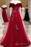 Burgundy Tulle Off Shoulder Long Prom Dress, Burgundy Prom Dresses