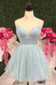Sky Blue A Line Plunging V Neck Straps Ruffles Homecoming Dresses