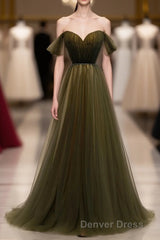 Simple Sweetheart Tulle Off Shoulder Long Prom Dresses, Tulle Formal Dresses