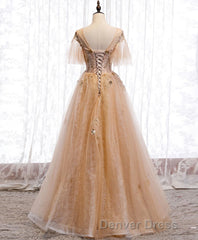 Champagne Round Neck Tulle Lace Long Prom Dresses, Formal Dresses