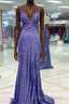 Tight Purple Sequined Long Prom Dresses with Slit