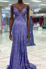 Tight Purple Sequined Long Prom Dresses with Slit