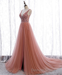 Pink V Neck Tulle Sequin Long Prom Dresses, Pink Formal Dresses