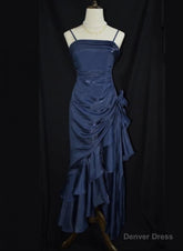 Dark Blue Vintage Floral Elegant Dress Asymmetrical Hem Prom Gown