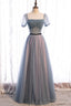 Gray Blue Tulle Long A Line Prom Dress, Cute Short Sleeve Prom Dresses