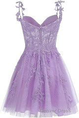 Lavender Tulle Lace Applique Homecoming Dresses, Floral Tulle Short Prom Dresses
