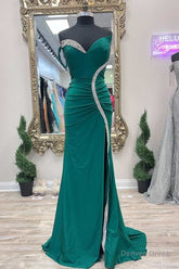 Asymmetrical Green Beaded Mermaid Long Prom Dress with Slit