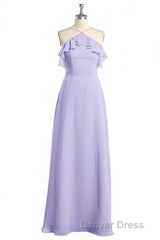 Lavender Halter Ruffled A-Line Long Bridesmaid Dresses