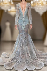 Mermaid Prom Dresses with Deep V-Neck Long Sleeves Beadings