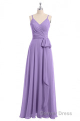 Lavender Spaghetti Straps Tie-Side Long Formal Dresses