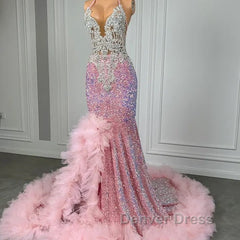 Pink Halter Mermaid Prom Dresses with Sequins Beadings and Tulle Ruffle