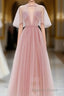 Pink Tulle Tea Length Prom Dress, Pink Tulle Prom Dresses