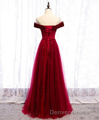Burgundy Round Neck Tulle Sequin Long Prom Dresses, Tulle Formal Dresses