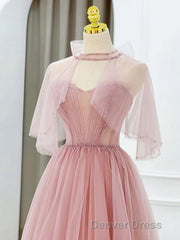 Pink Tulle Tea Length Prom Dresses, Pink Tulle Formal Dresses