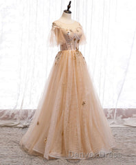 Champagne Round Neck Tulle Lace Long Prom Dresses, Formal Dresses