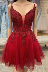 Red Plunging V Neck Lace-Up Appliques Tulle Homecoming Dresses