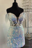 Light Blue Off The Shoulder Sequin Embroidered Feathers Homecoming Dresses