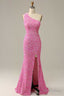 Pink Iridescent Sequin One Shoulder Mermaid Long Prom Dresses with Slit