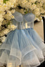 Light Blue A Line Illusion Tulle Homecoming Dresses