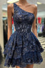 Dark Navy A-line One Shoulder Multi-Layers Homecoming Dresses