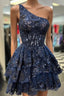 Dark Navy A Line One Shoulder Multi Layers Homecoming Dresses