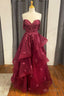 Wine Floral Lace Strapless A Line Tiered Prom Dresses