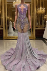 Purple Mermaid Prom Dresses Sleeveless with Long Beadings