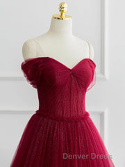 A-line Sweetheart Neck Tulle Burgundy Long Prom Dresses, Off Shoulder Burgundy Formal Dresses