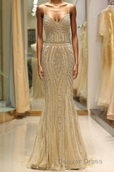 Mermaid Spaghetti Strap Black Beaded Formal Evening Dresses