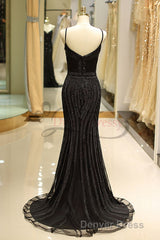 Mermaid Spaghetti Strap Black Beading Long Prom Dresses