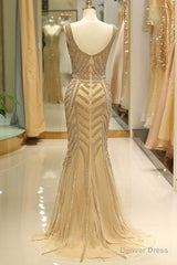 Elegant Mermaid Deep V Neck Gold Beaded Formal Evening Dress