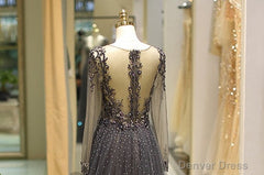 Long Sleeve Grey Beaded Long Prom Dress