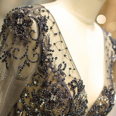 Long Sleeve Grey Beaded Long Prom Dress